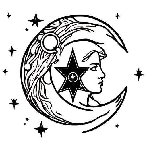 Aquarius, shield maiden, moon, and stars tattoo design idea