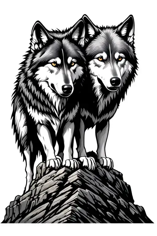 two wolf brothers, one on top of the other on a rocky mountain tattoo design idea