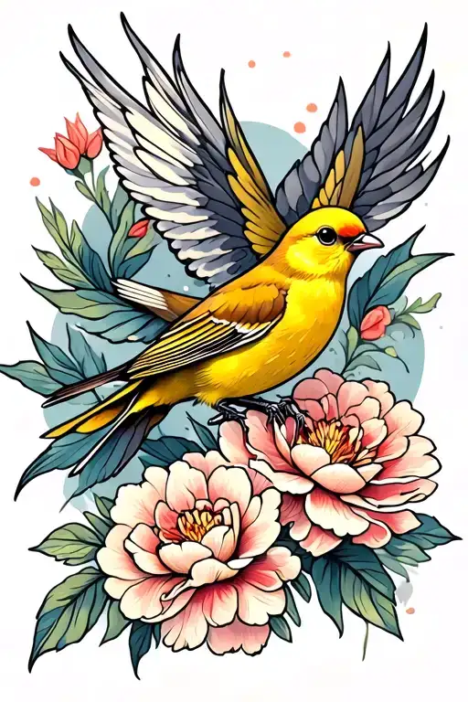 yellow canary bird flying carrying peony flower tattoo tattoo design idea