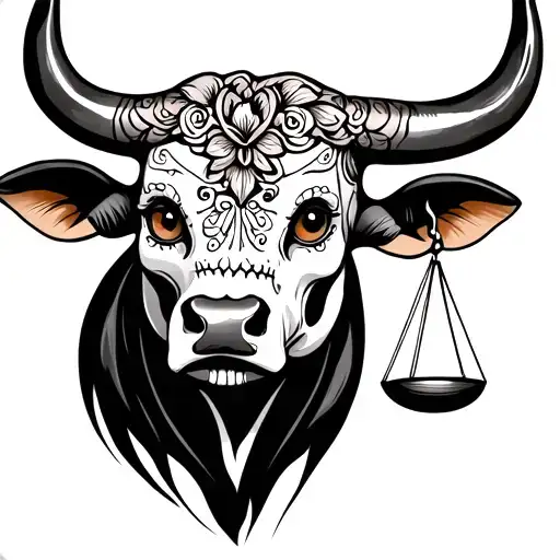 feminine bull with sugar skull markings, brown eyes and two Libra scales and dark background tattoo design idea