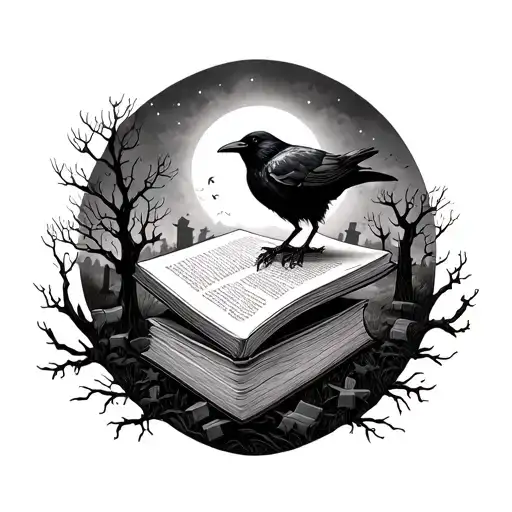 sleeve tattoo with crow on top of a book, surrounded by ghosts and dead trees on a cemetery bg and a full moon on top tattoo design idea
