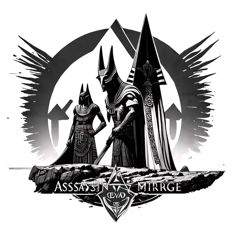 egyptian god anubis and ra overlooking egypt with assassins creed mirage emblem tattoo design idea