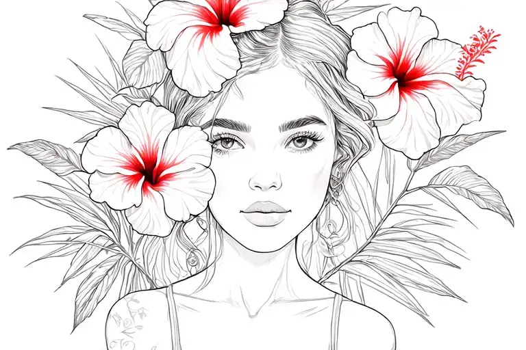 "Caribbean Girl" Hibiscus Red, Colibri and other tropical plants tattoo design idea