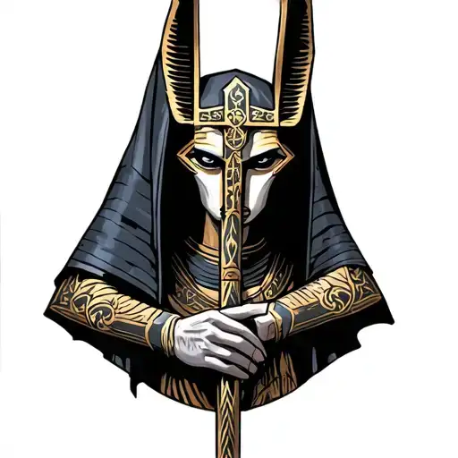 anubis horus holding a catholic cross incorporated tattoo design idea