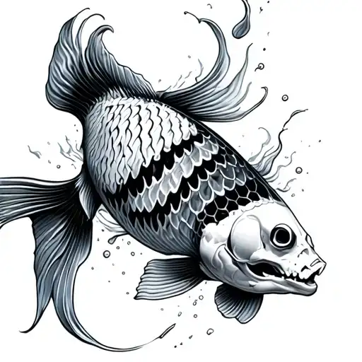 koi fish with bottom half turning into skeleton and disintegrating  tattoo design idea