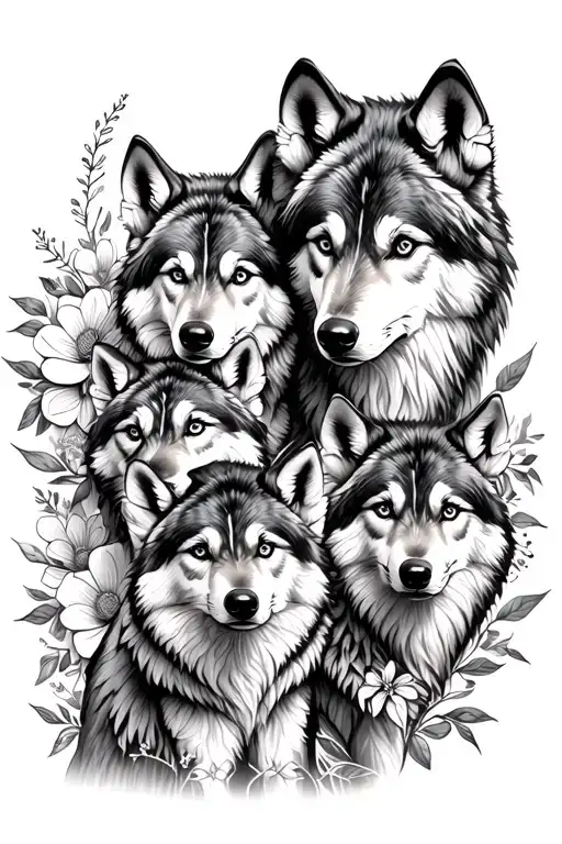 2 adult wolves & 2 cubs with a floral design incorporating elements tattoo design idea