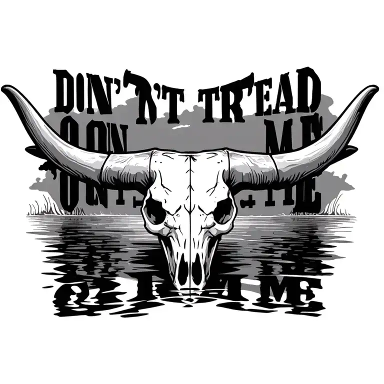 "Don’t tread on me" Longhorn bull skull with design around the skull and the 3 crosses reflecting off water tattoo design idea