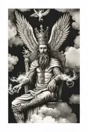 king of kings sitting on throne in cloud surrounded by flying angels and background of fire in half sleeve tattoo design idea