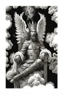 king of kings sitting on throne in cloud surrounded by flying angels and background of fire in half sleeve tattoo design idea