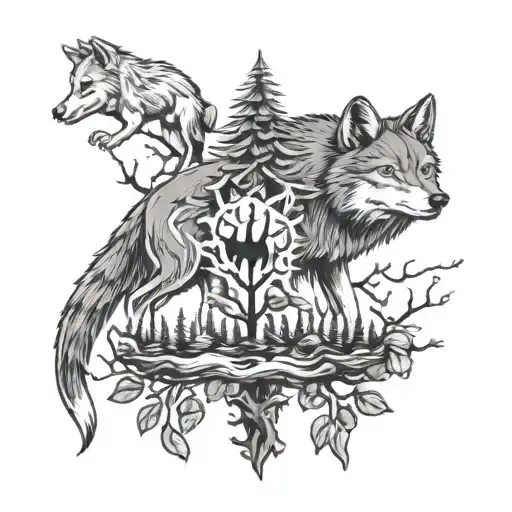 wolf pack tree growing tattoo design idea