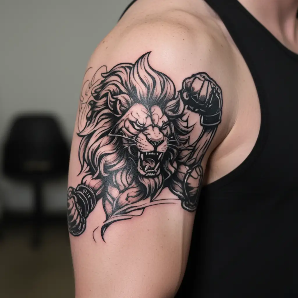 A fierce lion with boxing gloves on, flexing its muscles in a gym setting tattoo design idea