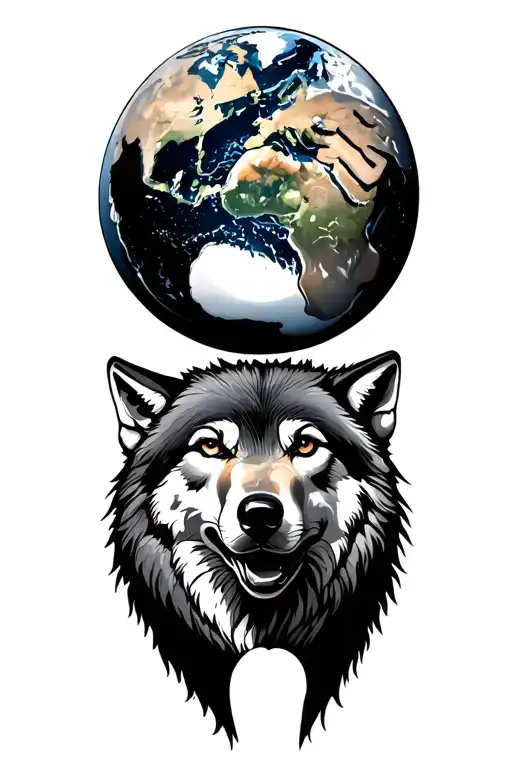 Mother Earth holding globe with wolf  tattoo design idea