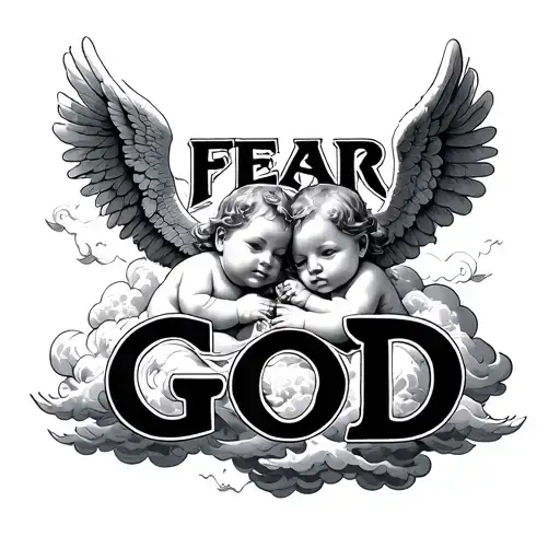 "FEAR GOD" clouds surrounding 2 baby angel tattoo design idea
