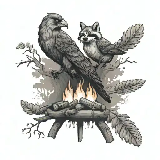 A tattoo of a crow, fox, and raccoon gathered around a campfire, symbolizing unity and friendship among different species tattoo design idea