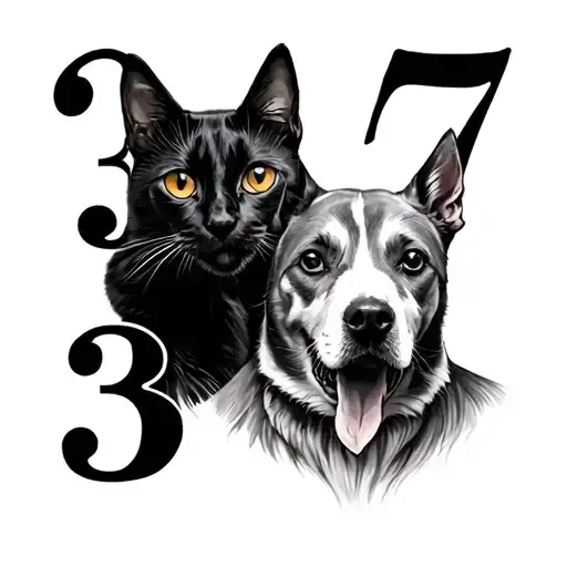 number 3 includind a dog head and number 7 including a black cat tattoo design idea