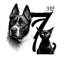number 3 includind a dog head and number 7 including a black cat tattoo design idea