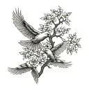 A Grateful Dead inspired tattoo featuring cherry trees intertwined with 3 birds in flight tattoo design idea