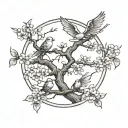A Grateful Dead inspired tattoo featuring cherry trees intertwined with 3 birds in flight tattoo design idea