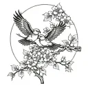 A Grateful Dead inspired tattoo featuring cherry trees intertwined with 3 birds in flight tattoo design idea