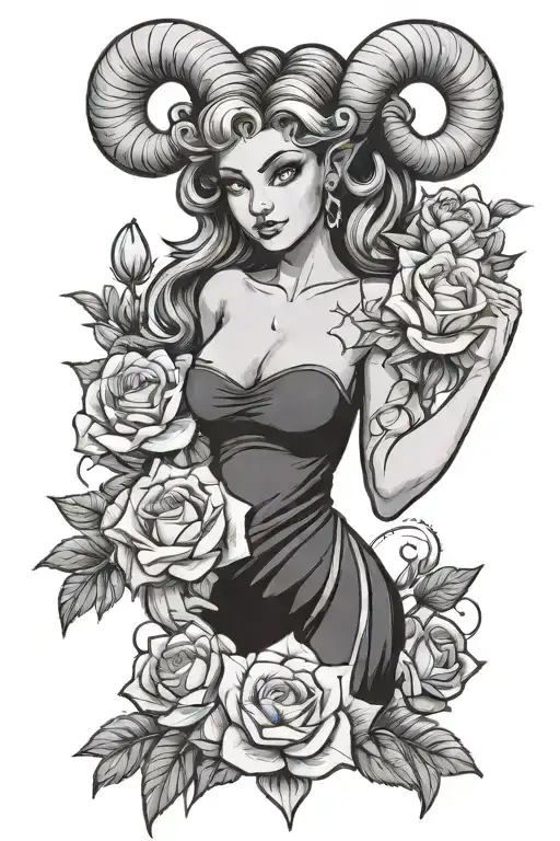 Aries girl with pronounced pumped up muscles, holding flowers, standing in a black dress. In cartoon style. tattoo design idea