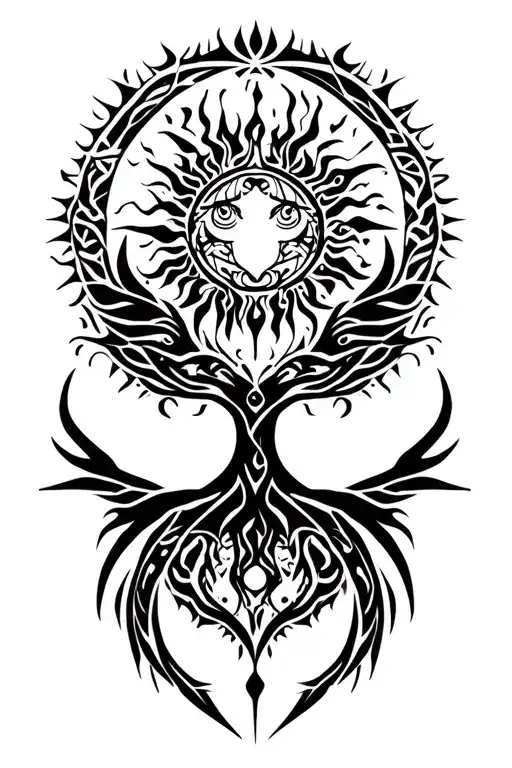 tribal design including army elements, tree of life, dna strand, goddess sun moon, dragon tattoo design idea