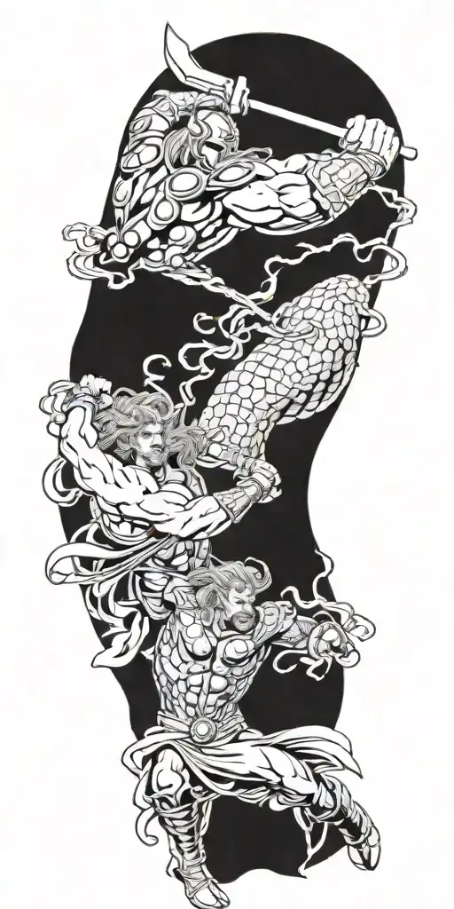 Thor battling a fierce Medusa in a mythical showdown tattoo design idea