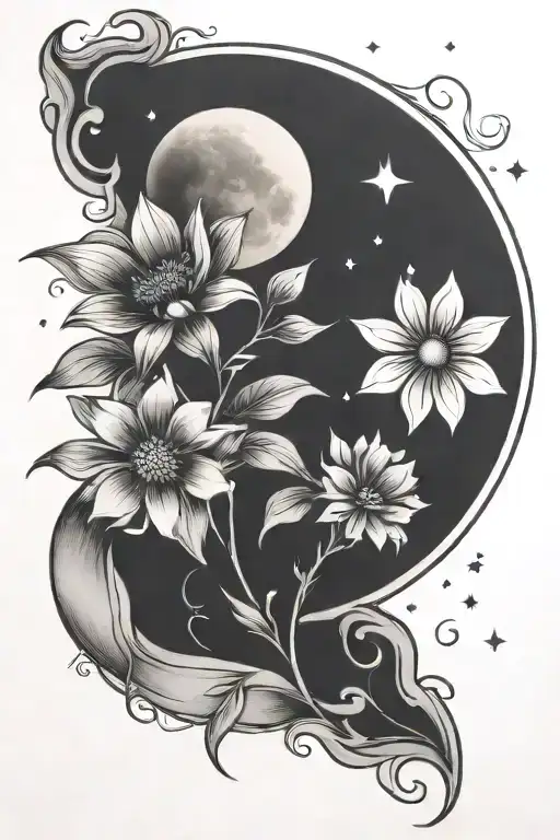 basic moon and flower tattoo design idea