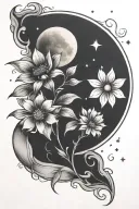 basic moon and flower tattoo design idea