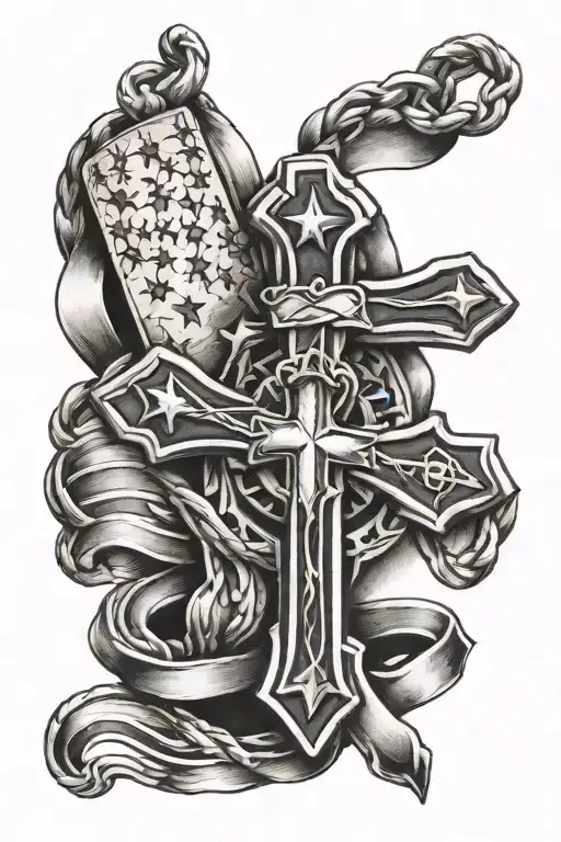 cross with dog tag says USMC and American flag intertwined tattoo design idea