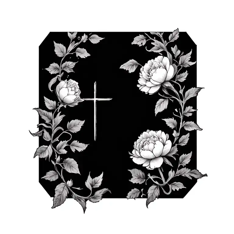 dainty cross forearm tattoo with peony wrap around vine tattoo design idea