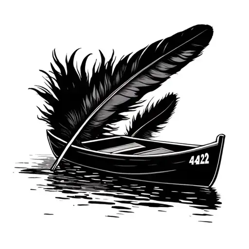 A line drawing of a row boat with "4422" on it and a single feather tattoo design idea