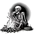 skeleton drinking by a campfire tattoo design idea