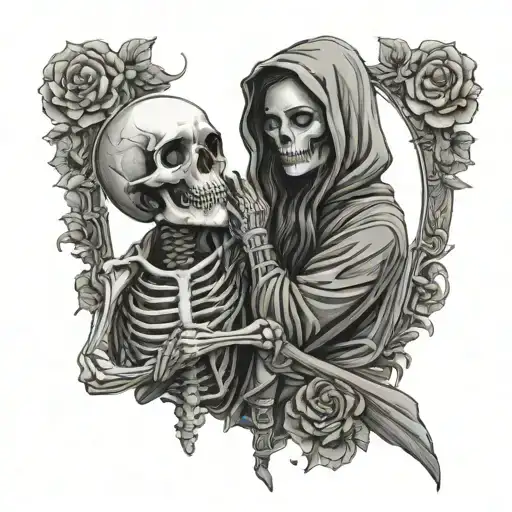 Dark Romance hooded skeleton with woman holding tattoo design idea