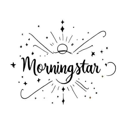 a written "Morningstar" in calligraphy with a design on the edges of a stars, Venus planet and sun like galaxy. tattoo design idea