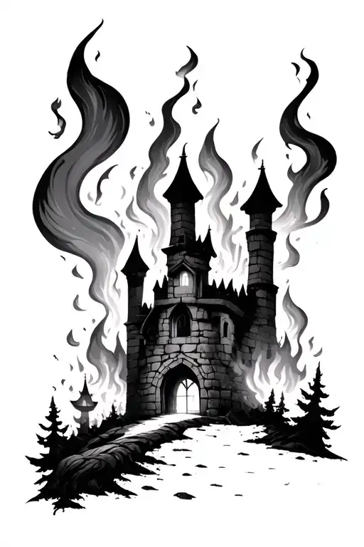 forest burning outside of castle walls tattoo design idea
