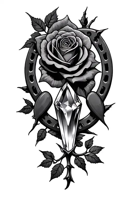 horseshoe, dark witch, crystal, rose, thorns  tattoo design idea
