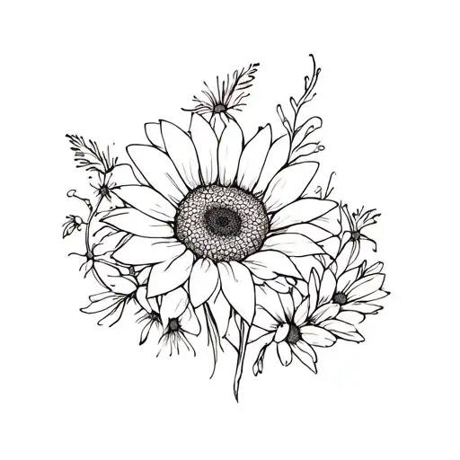 gladious flower surrounded with gerbera daisies intertwined and sunflower spray tattoo design idea