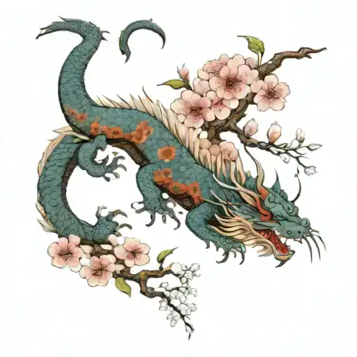 water dragon cherry blossoms tree tattoo design idea