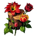 tree stump with six unique flowers growing from it, a stargazer lily, a deep red rose, a tulip, and two others. tattoo design idea