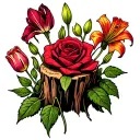 tree stump with six unique flowers growing from it, a stargazer lily, a deep red rose, a tulip, and two others. tattoo design idea
