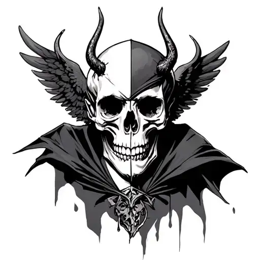 skull half angel devil wears a cape tattoo design idea
