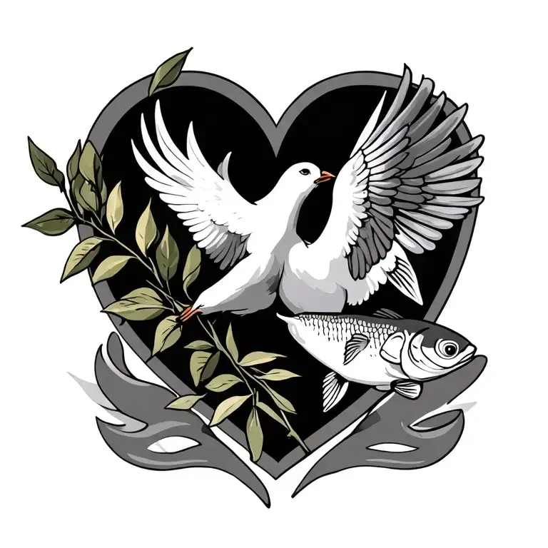 heart cross Christian dove carrying olive branch and fish symbol tattoo design idea