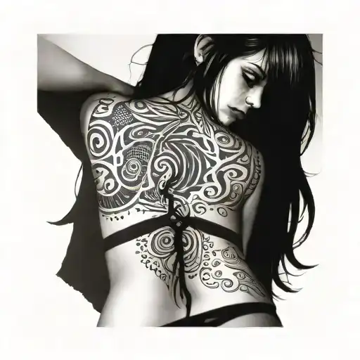 short,bend over,slim thick goth girl,emo, nude,sexy,lingerie,introverted,arched back,long black hair,naked,black tattoo design idea