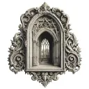 gothic architecture in a vintage picture frame tattoo design idea