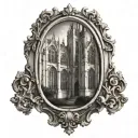 gothic architecture in a vintage picture frame tattoo design idea