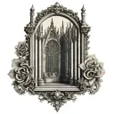 gothic architecture in a vintage picture frame tattoo design idea