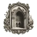 gothic architecture in a vintage picture frame tattoo design idea