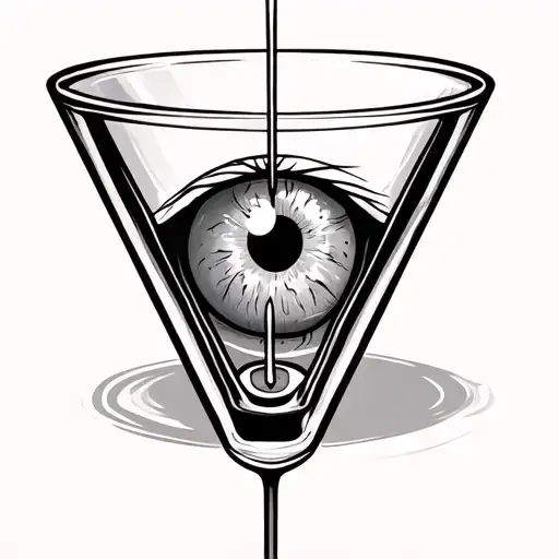 an empty v-shaped glass with an eye ball pierced by a toothpick inside  tattoo design idea