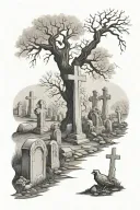 Graveyard scene with tree tattoo design idea