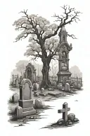 Graveyard scene with tree tattoo design idea